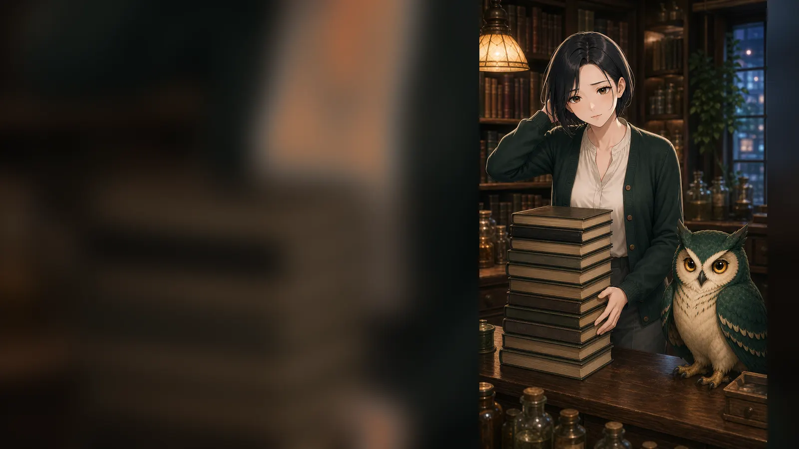 積読の前で次の一冊を選べないミクと、両目で見守るグラムの場面